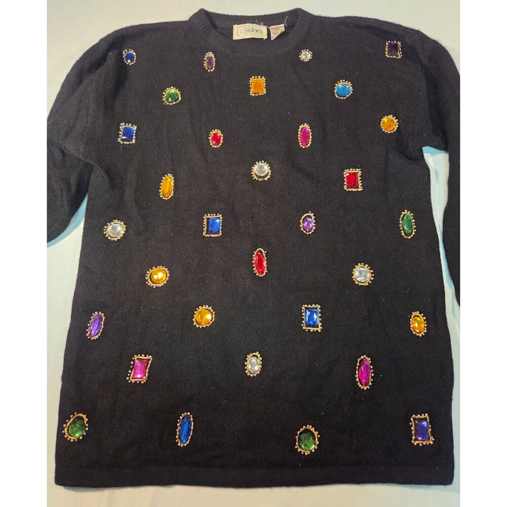 Vintage Cedars Angora Lambswool Jeweled Sweater Black Size M Hong Kong